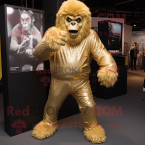 Gold Gorilla mascot costume character dressed with a Jeggings and Mittens