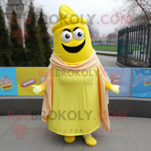 Lemon Yellow Beef Stroganoff mascot costume character dressed with a Pencil Skirt and Scarf clips