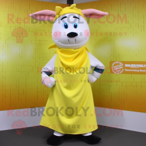 Lemon Yellow Beef Stroganoff mascot costume character dressed with a Pencil Skirt and Scarf clips