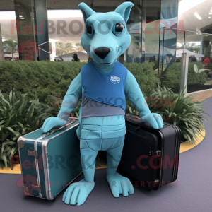 Cyan Dingo mascot costume character dressed with a Turtleneck and Briefcases