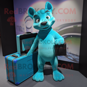 Cyan Dingo mascot costume character dressed with a Turtleneck and Briefcases