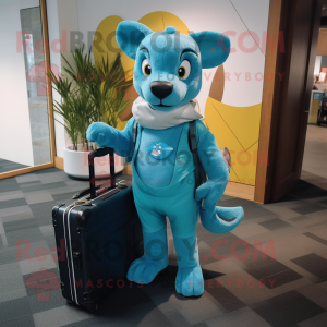 Cyan Dingo mascot costume character dressed with a Turtleneck and Briefcases