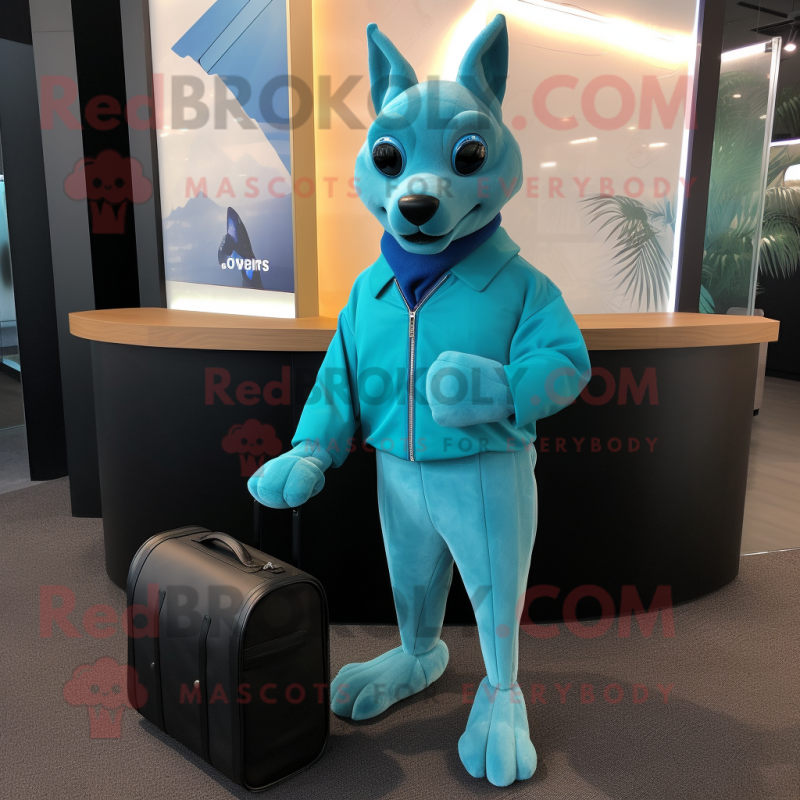 Cyan Dingo mascot costume character dressed with a Turtleneck and Briefcases