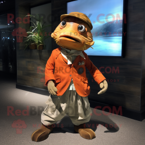Rust Cod mascot costume character dressed with a Culottes and Pocket squares