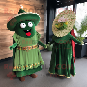 Forest Green Tacos mascot costume character dressed with a Maxi Dress and Lapel pins