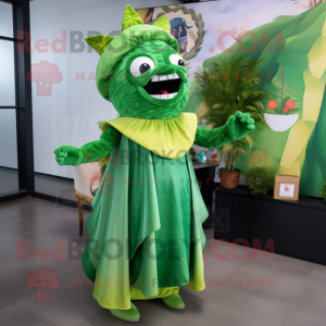 Forest Green Tacos mascot costume character dressed with a Maxi Dress and Lapel pins