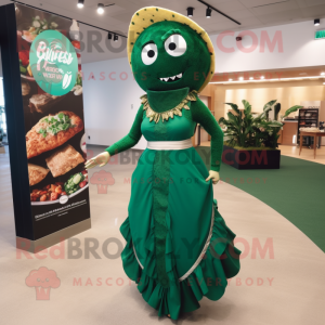 Forest Green Tacos mascot costume character dressed with a Maxi Dress and Lapel pins