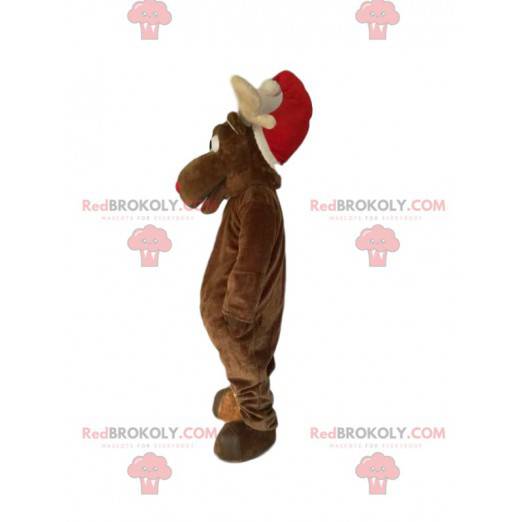 Mascote da rena com um chapéu de Natal. Fantasia de rena -