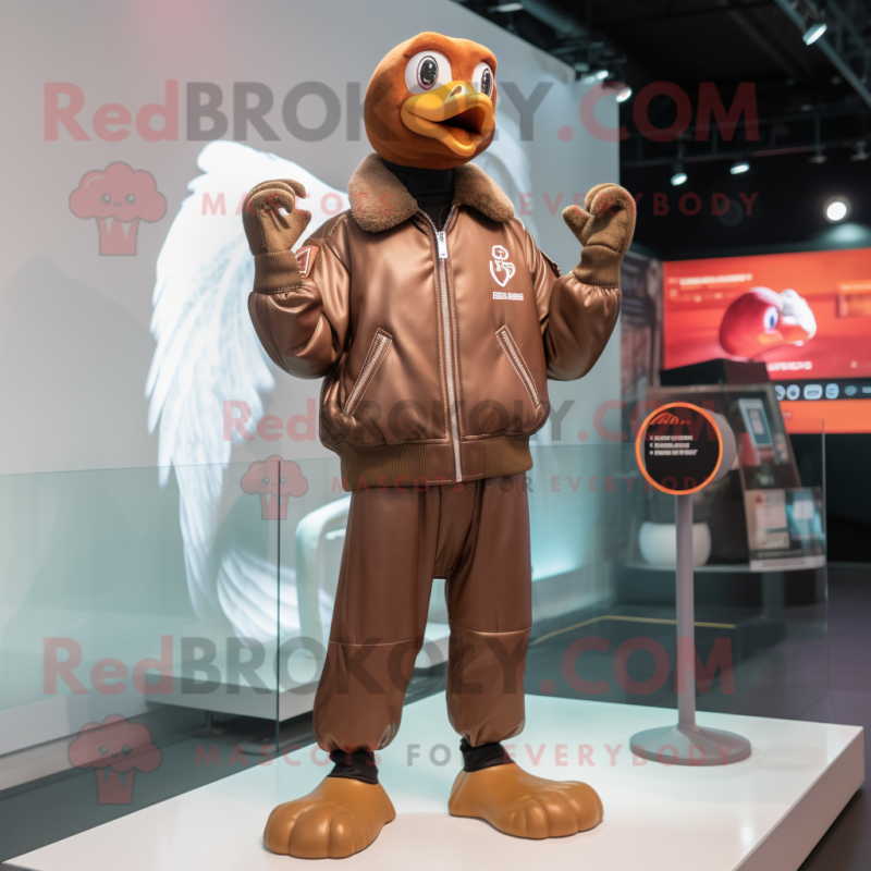 Brown Swans mascot costume character dressed with a Bomber Jacket and Gloves