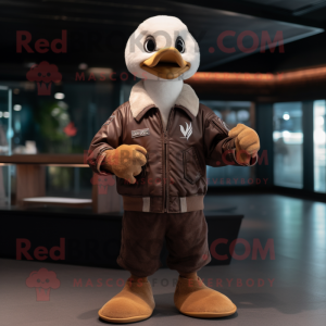 Brown Swans mascot costume character dressed with a Bomber Jacket and Gloves