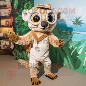 Beige Lemur mascot costume character dressed with a Bermuda Shorts and Hairpins