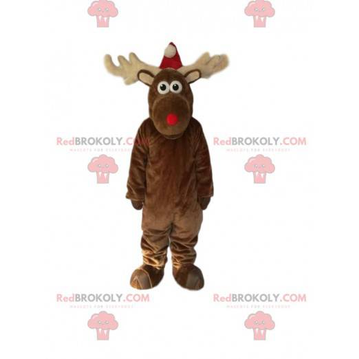 Reindeer mascot with a Christmas hat. Reindeer costume -