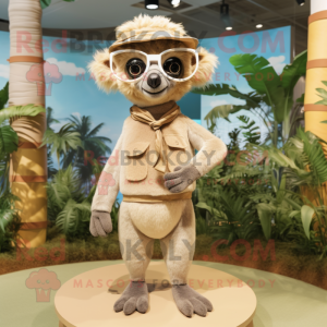 Beige Lemur mascot costume character dressed with a Bermuda Shorts and Hairpins