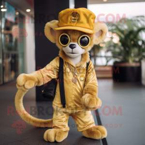 Gold Lemur mascot costume character dressed with a Flare Jeans and Caps