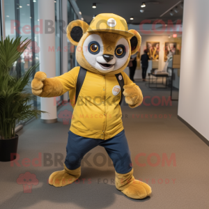 Gold Lemur mascot costume character dressed with a Flare Jeans and Caps