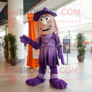 Purple Stilt Walker mascot costume character dressed with a Corduroy Pants and Scarves