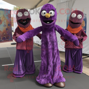 Purple Stilt Walker mascot costume character dressed with a Corduroy Pants and Scarves