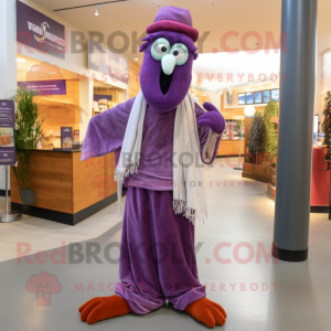 Purple Stilt Walker mascot costume character dressed with a Corduroy Pants and Scarves