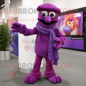 Purple Stilt Walker mascot costume character dressed with a Corduroy Pants and Scarves