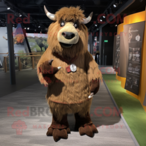 Brown Yak mascot costume character dressed with a Shift Dress and Suspenders