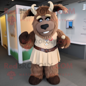 Brown Yak mascot costume character dressed with a Shift Dress and Suspenders