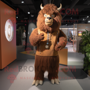 Brown Yak mascot costume character dressed with a Shift Dress and Suspenders