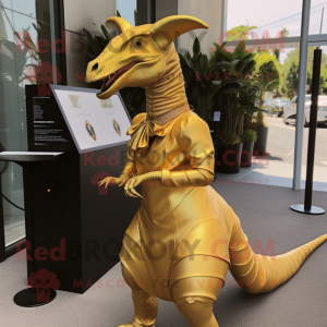 Gold Parasaurolophus mascot costume character dressed with a Mini Dress and Tie pins