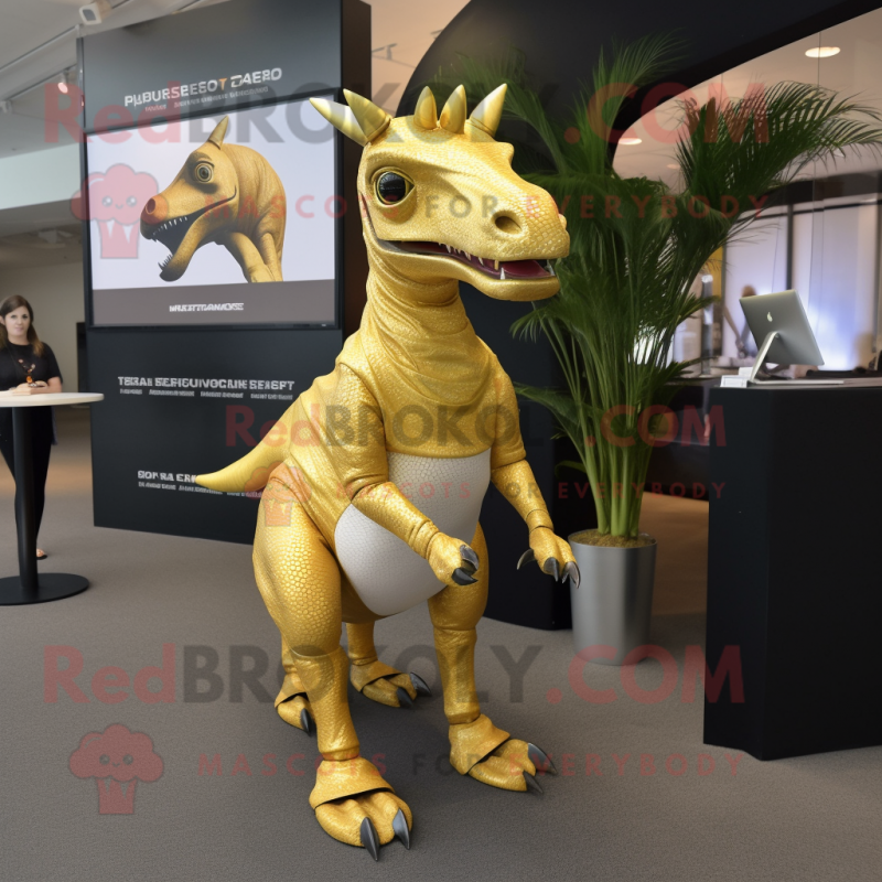 Gold Parasaurolophus mascot costume character dressed with a Mini Dress and Tie pins