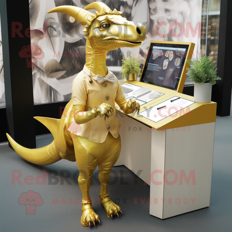 Gold Parasaurolophus mascot costume character dressed with a Mini Dress and Tie pins