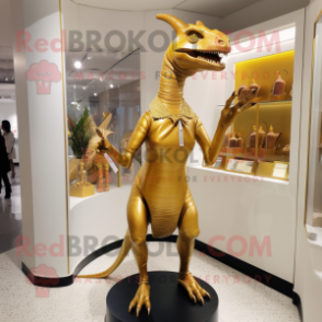 Gold Parasaurolophus mascot costume character dressed with a Mini Dress and Tie pins