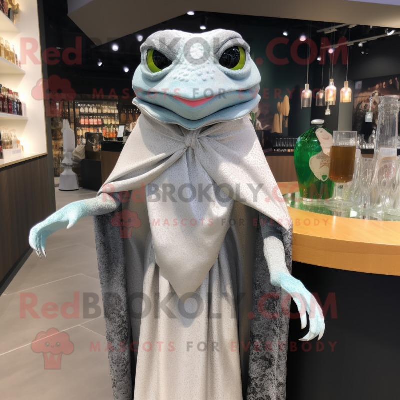 Silver Frog mascot costume character dressed with a Cocktail Dress and Shawls Silver Frog mascot costume character dressed with a Cocktail Dress and Shawls