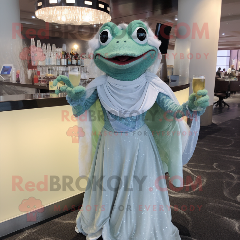 Silver Frog mascot costume character dressed with a Cocktail Dress and Shawls Silver Frog mascot costume character dressed with a Cocktail Dress and Shawls