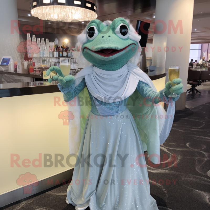 Silver Frog mascot costume character dressed with a Cocktail Dress and Shawls