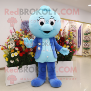 Sky Blue Bouquet Of Flowers mascot costume character dressed with a Jacket and Clutch bags