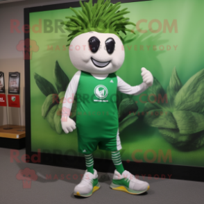 Forest Green Onion mascot costume character dressed with a Running Shorts and Shoe laces