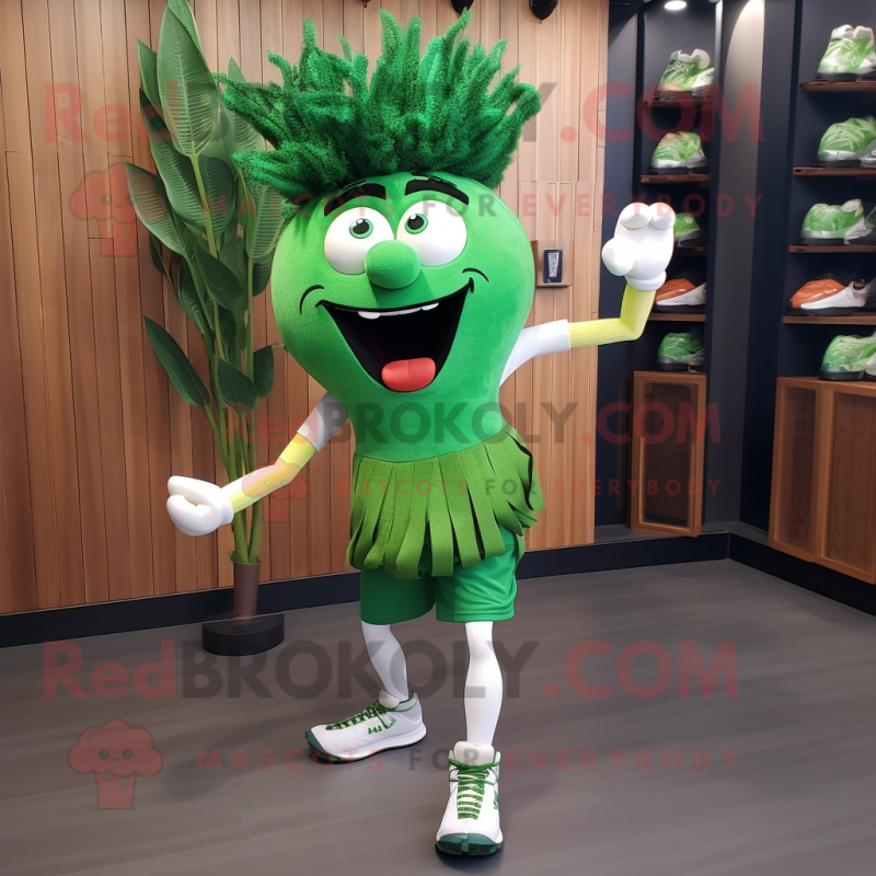 Forest Green Onion mascot costume character dressed with a Running Shorts and Shoe laces