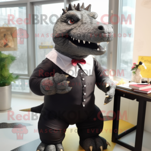 Black Ankylosaurus mascot costume character dressed with a Pencil Skirt and Tie pins