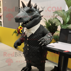 Black Ankylosaurus mascot costume character dressed with a Pencil Skirt and Tie pins