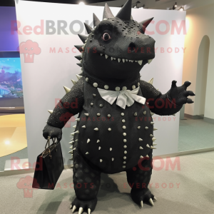 Black Ankylosaurus mascot costume character dressed with a Pencil Skirt and Tie pins