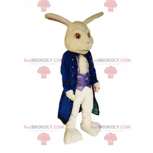 Mascote coelho branco com uma grande jaqueta de veludo azul. -