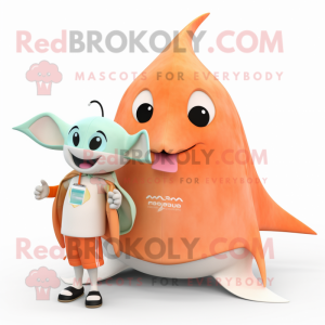 Peach Manta Ray mascot costume character dressed with a Cardigan and Watches