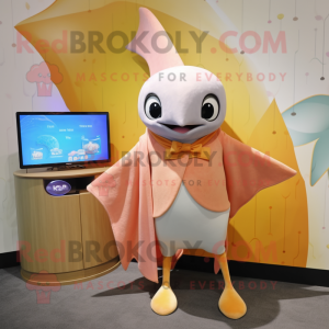 Peach Manta Ray mascot costume character dressed with a Cardigan and Watches
