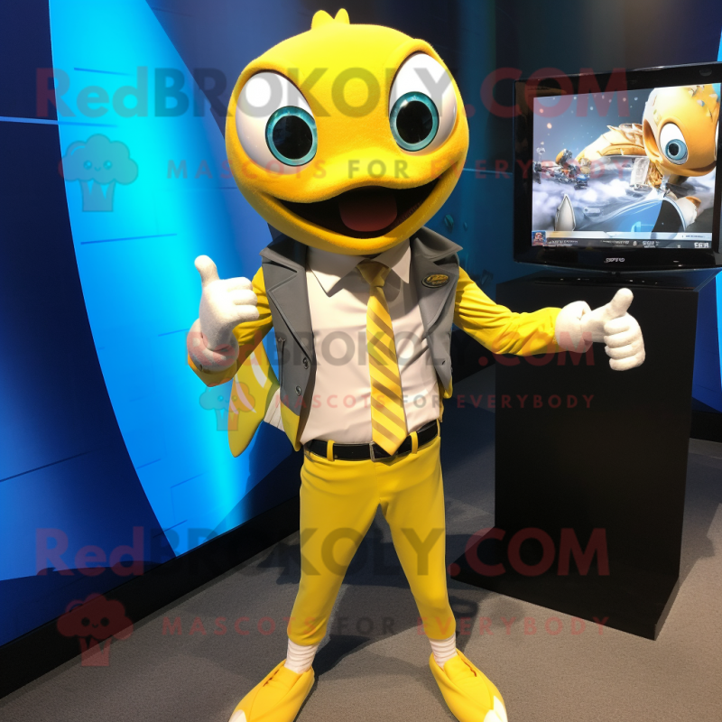 Yellow Barracuda mascot costume character dressed with a Suit and Smartwatches