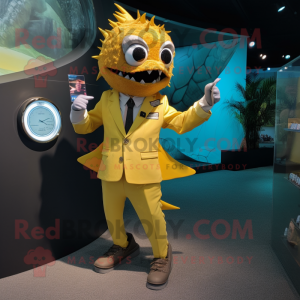 Yellow Barracuda mascot costume character dressed with a Suit and Smartwatches