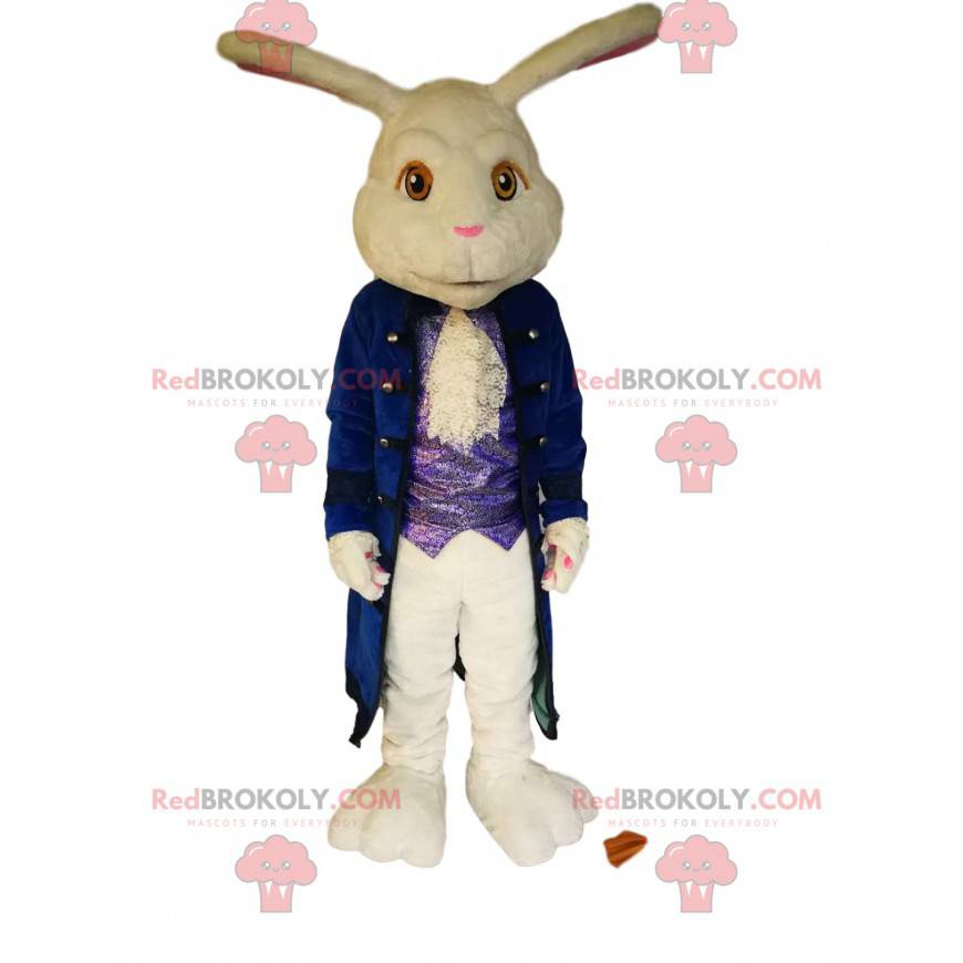 Wit konijn mascotte met een groot blauw fluwelen jasje. -