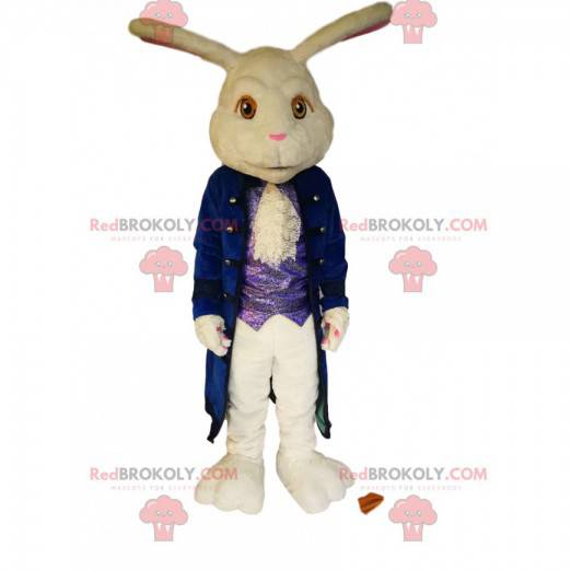 Mascote coelho branco com uma grande jaqueta de veludo azul. -