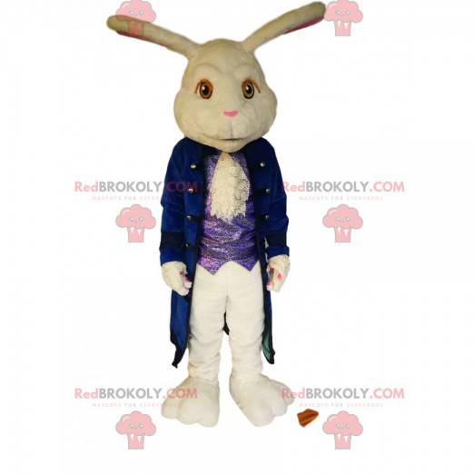 White rabbit mascot with a large blue velvet jacket. -