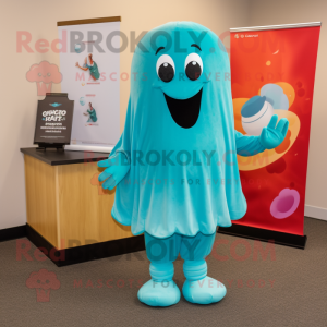 Turquoise Ghost mascot costume character dressed with a Capri Pants and Coin purses