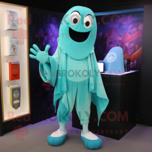 Turquoise Ghost mascot costume character dressed with a Capri Pants and Coin purses