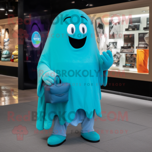 Turquoise Ghost mascot costume character dressed with a Capri Pants and Coin purses